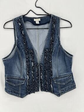 Chico's Denim Vest Ruffle Trim Sleeveless Jean Open Front Vest Womens Size 1